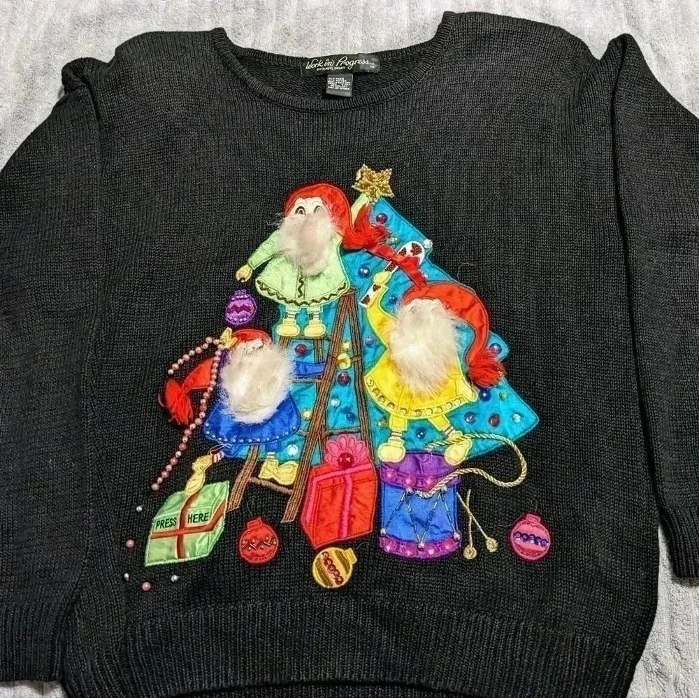 VTG Gladys Bagley Holiday Christmas Sweater Bearded‎ Elves Festive SZ M 10-12
